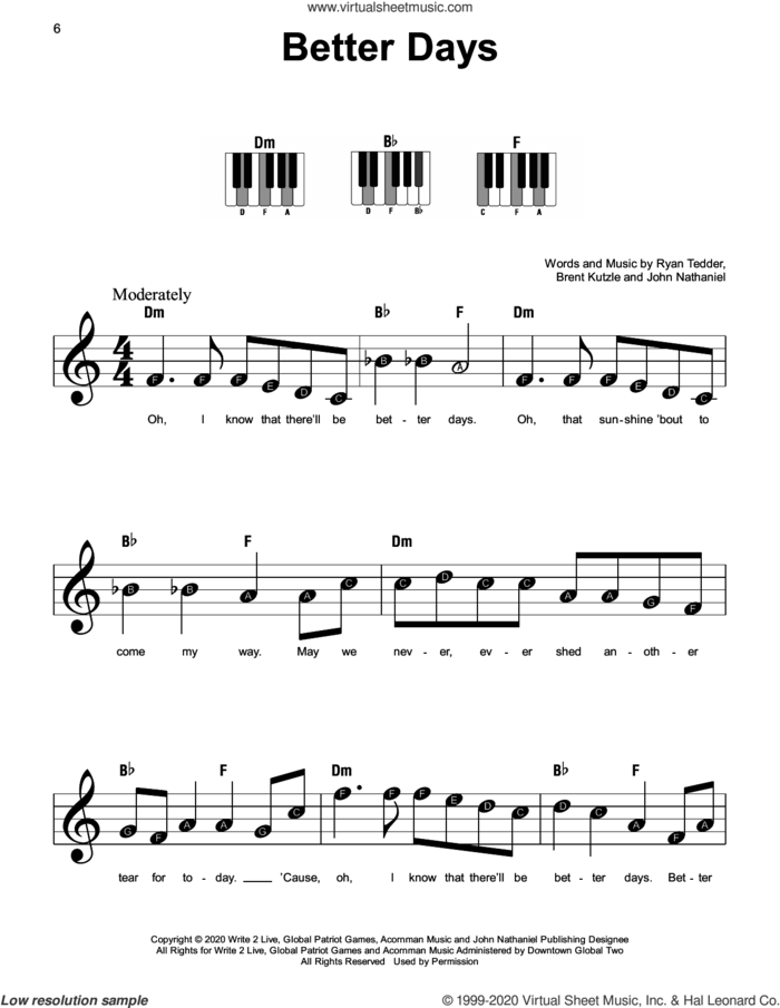 Better Days sheet music for piano solo by OneRepublic, Brent Kutzle, John Nathaniel and Ryan Tedder, beginner skill level