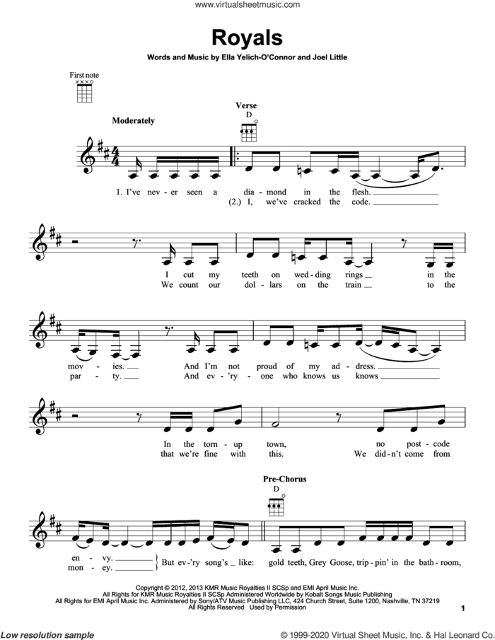 Royals sheet music for ukulele by Lorde and Joel Little, intermediate skill level
