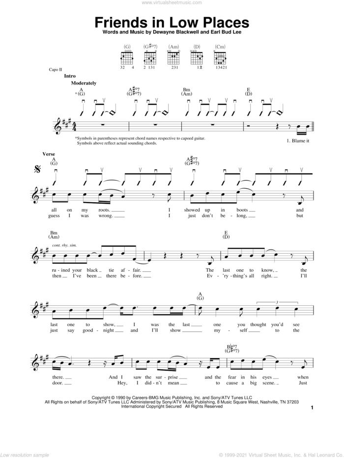 Friends In Low Places sheet music for guitar solo (chords) by Garth Brooks, DeWayne Blackwell and Earl Bud Lee, easy guitar (chords)