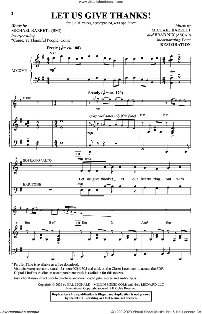 Let Us Give Thanks sheet music for choir (SAB: soprano, alto, bass) by Brad Nix, Michael Barrett and Michael Barrett and Brad Nix, intermediate skill level