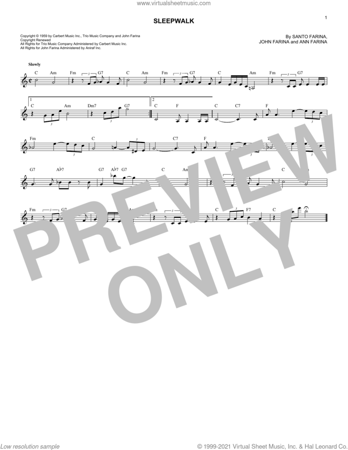 Sleepwalk (Instrumental Version) sheet music for voice and other instruments (fake book) by Santo & Johnny, Ann Farina, John Farina and Santo Farina, intermediate skill level