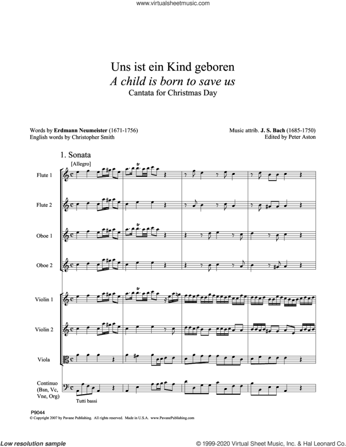 A Child Is Born To Save Us (Uns ist ein Kind geboren) (Full Score) (ed. Peter Aston) sheet music for orchestra/band (full score) by Johann Sebastian Bach and Peter Aston, classical score, intermediate skill level