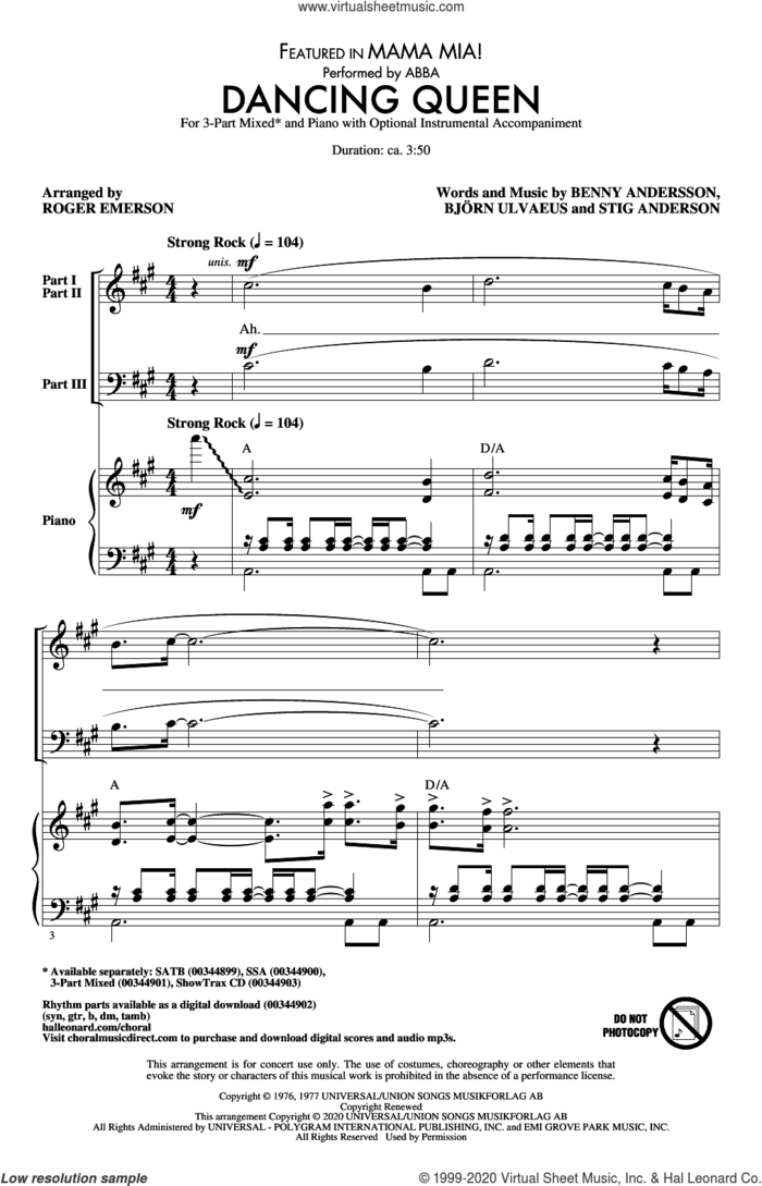 Dancing Queen (from Mamma Mia!) (arr. Roger Emerson) sheet music for choir (3-Part Mixed) by ABBA, Roger Emerson, Benny Andersson, Bjorn Ulvaeus and Stig Anderson, intermediate skill level