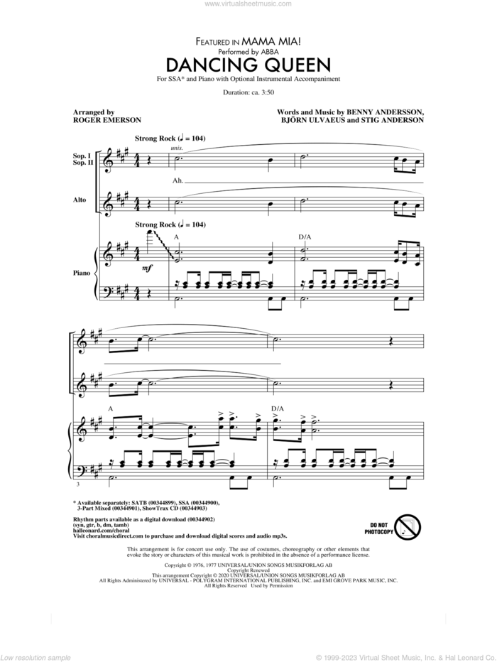 Dancing Queen (from Mamma Mia!) (arr. Roger Emerson) sheet music for choir (SSA: soprano, alto) by ABBA, Roger Emerson, Benny Andersson, Bjorn Ulvaeus and Stig Anderson, intermediate skill level