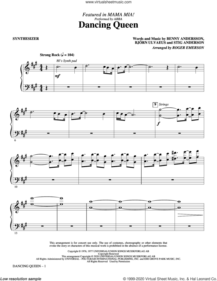 Dancing Queen (from Mamma Mia!) (arr. Roger Emerson) (complete set of parts) sheet music for orchestra/band by Roger Emerson, ABBA, Benny Andersson, Bjorn Ulvaeus and Stig Anderson, intermediate skill level