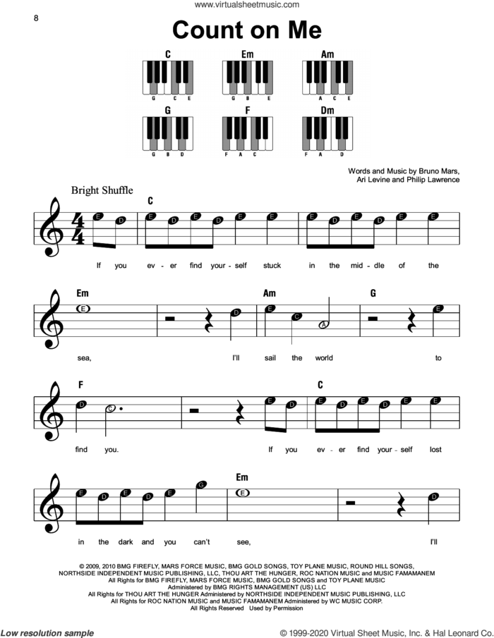 Count On Me, (beginner) sheet music for piano solo by Bruno Mars, Ari Levine and Philip Lawrence, beginner skill level