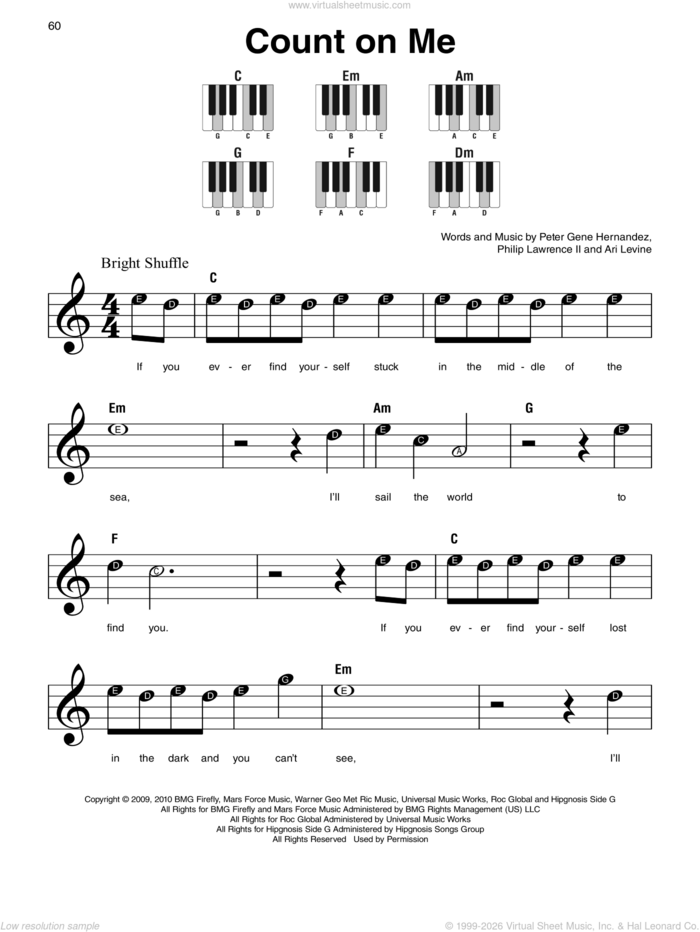 Count On Me, (beginner) sheet music for piano solo by Bruno Mars, Ari Levine and Philip Lawrence, beginner skill level