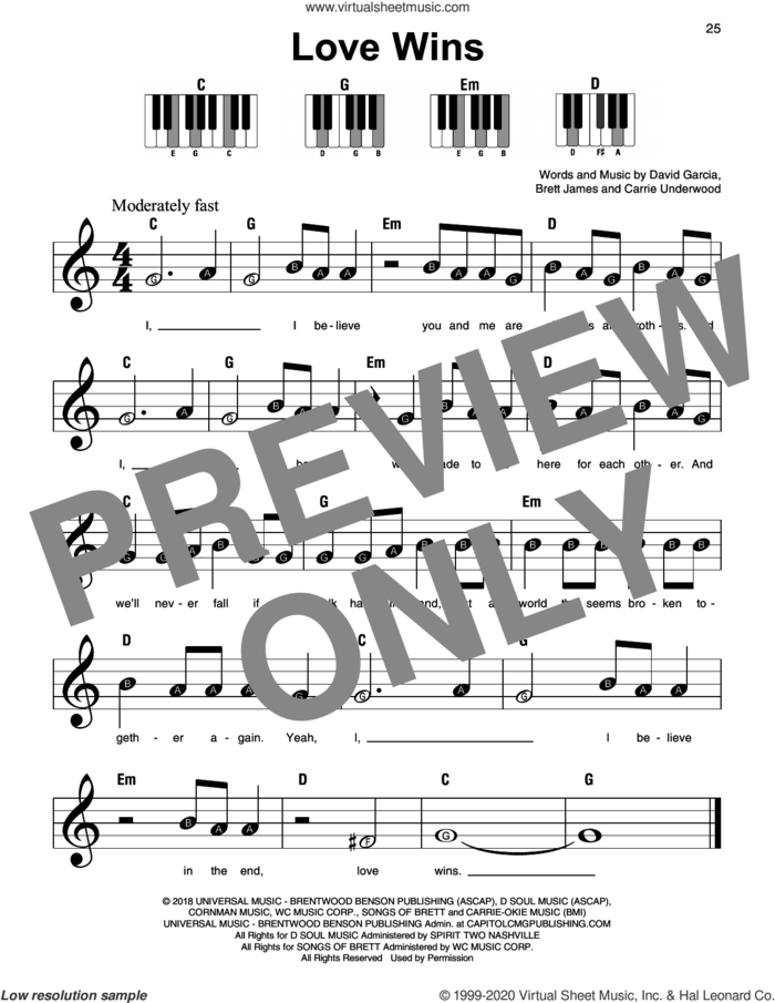 Love Wins sheet music for piano solo by Carrie Underwood, Brett James and David Garcia, beginner skill level