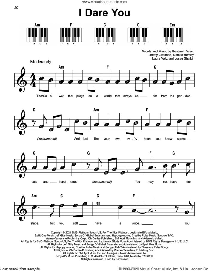 I Dare You, (beginner) sheet music for piano solo by Kelly Clarkson, Benjamin West, Jeffrey Gitelman, Jesse Shatkin, Laura Veltz and Natalie Hemby, beginner skill level