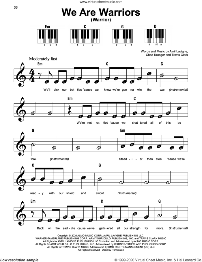 We Are Warriors (Warrior) sheet music for piano solo by Avril Lavigne, Chad Kroeger and Travis Clark, beginner skill level