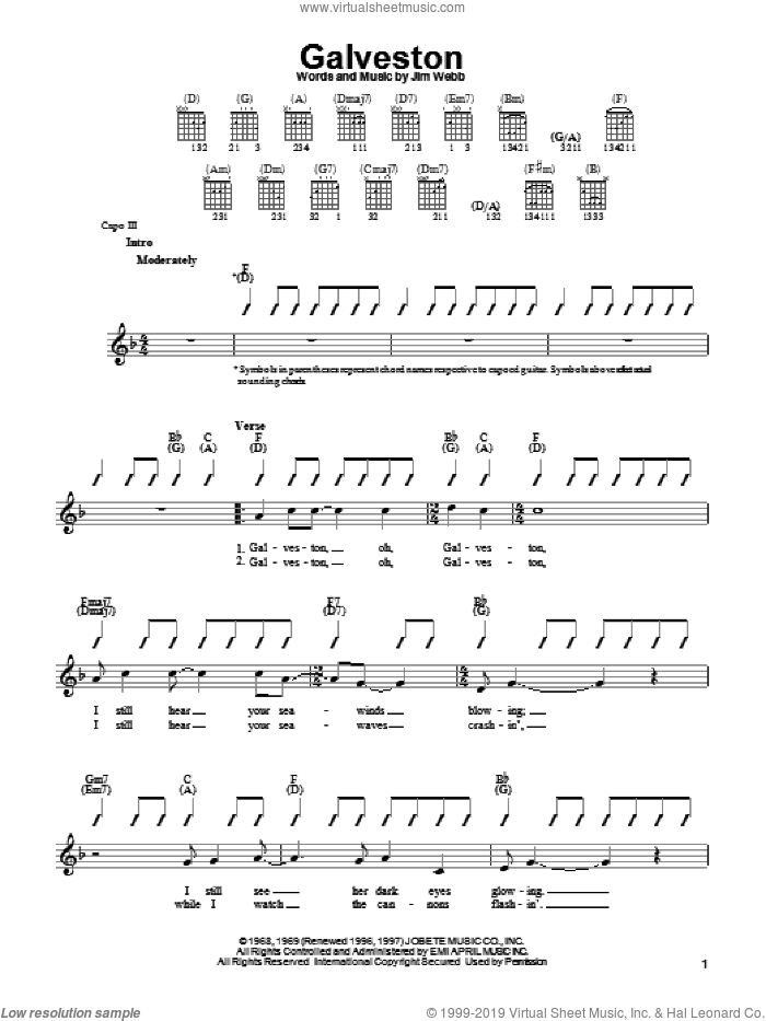 Galveston sheet music for guitar solo (chords) by Glen Campbell and Jim Webb, easy guitar (chords)