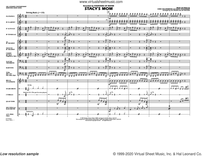 Stacy's Mom (arr. Les Hicken and Jay Bocook) (COMPLETE) sheet music for marching band by Jay Bocook, Adam Schlesinger, Chris Collingwood, Fountains Of Wayne and Les Hicken, intermediate skill level