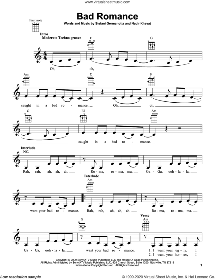 Bad Romance sheet music for ukulele by Lady Gaga and Nadir Khayat, intermediate skill level
