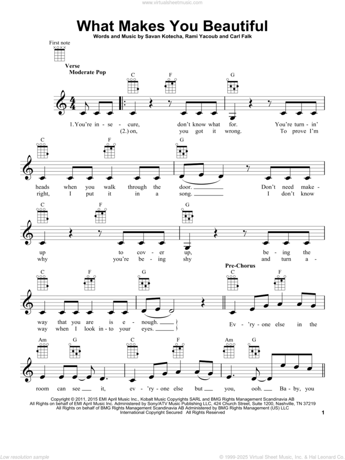 What Makes You Beautiful sheet music for ukulele by One Direction, Carl Falk, Rami and Savan Kotecha, intermediate skill level