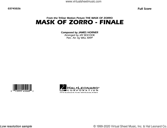 The Mask of Zorro, finale (arr. jay bocook) sheet music for marching band (full score) by James Horner, Jay Bocook and Will Rapp, intermediate skill level