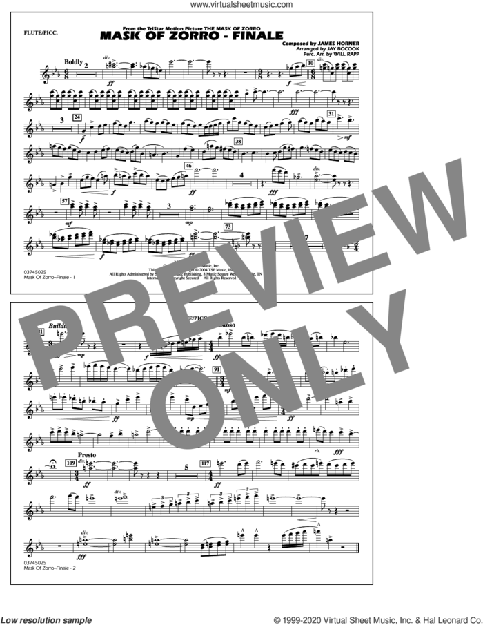 The Mask of Zorro, finale (arr. jay bocook) sheet music for marching band (flute/piccolo) by James Horner, Jay Bocook and Will Rapp, intermediate skill level