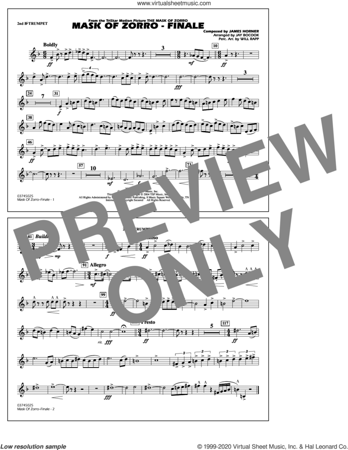 The Mask of Zorro, finale (arr. jay bocook) sheet music for marching band (2nd Bb trumpet) by James Horner, Jay Bocook and Will Rapp, intermediate skill level