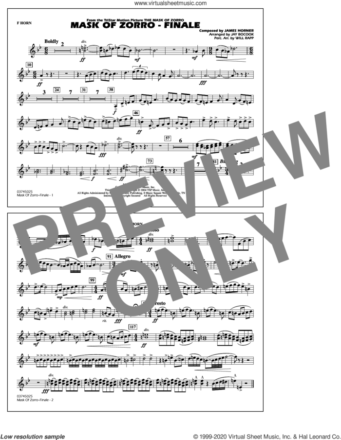 The Mask of Zorro, finale (arr. jay bocook) sheet music for marching band (f horn) by James Horner, Jay Bocook and Will Rapp, intermediate skill level