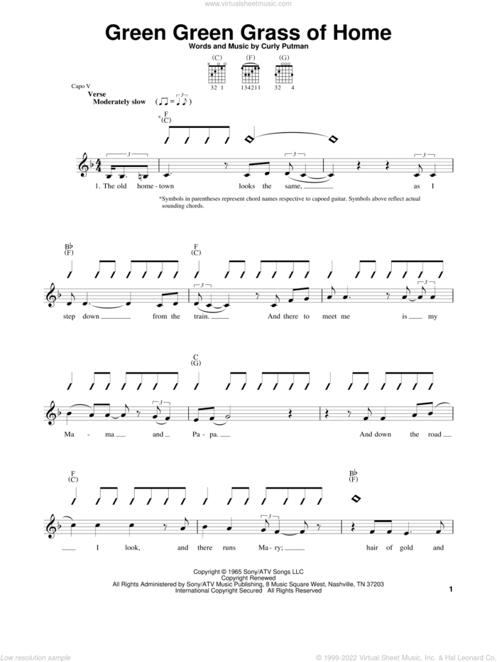 Green Green Grass Of Home sheet music for guitar solo (chords) by Curly Putman, Elvis Presley, Porter Wagoner and Tom Jones, easy guitar (chords)