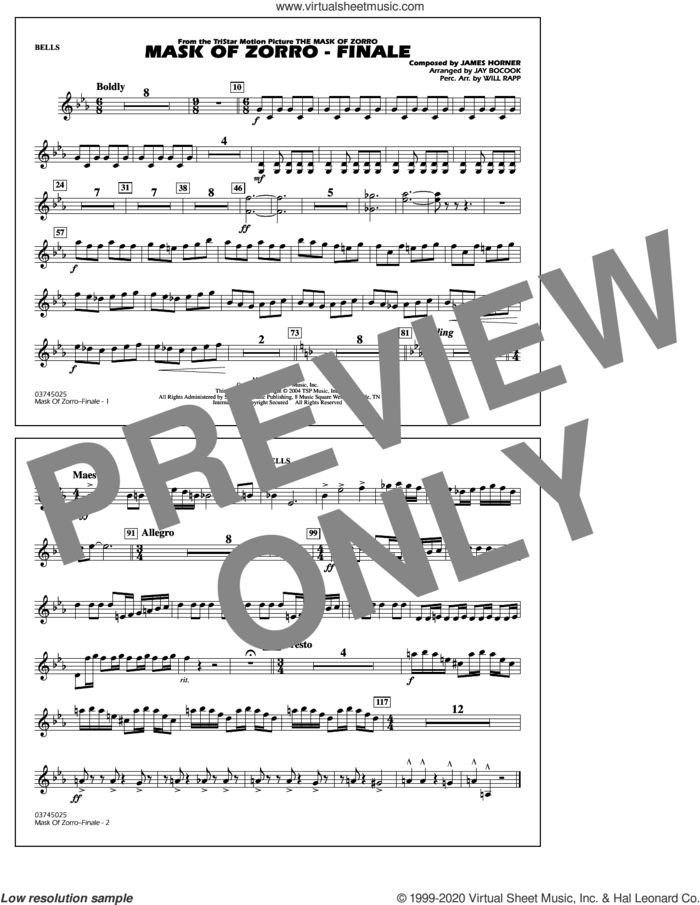 The Mask of Zorro, finale (arr. jay bocook) sheet music for marching band (bells) by James Horner, Jay Bocook and Will Rapp, intermediate skill level