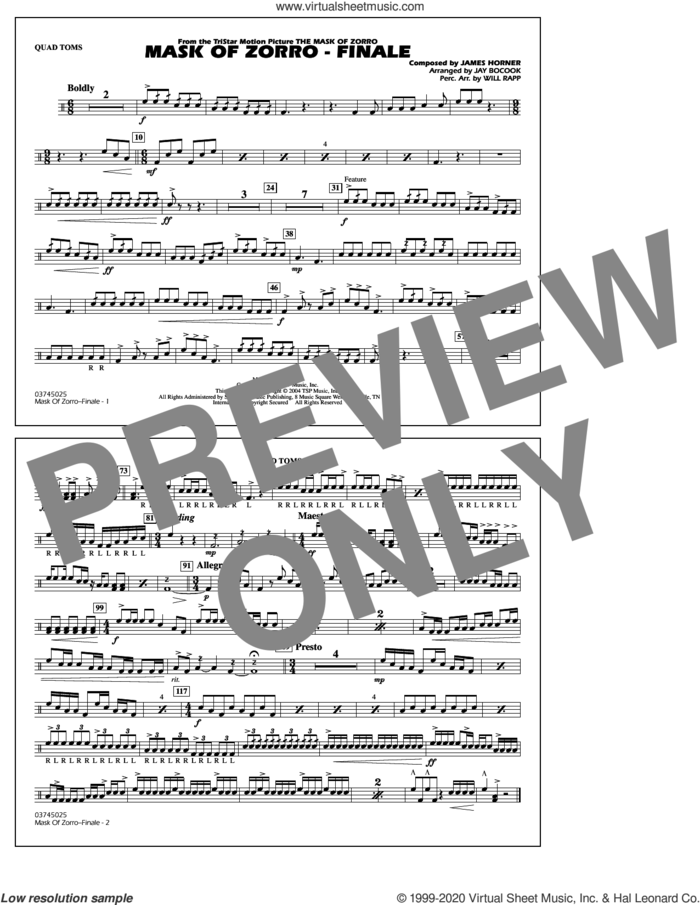 The Mask of Zorro, finale (arr. jay bocook) sheet music for marching band (quad toms) by James Horner, Jay Bocook and Will Rapp, intermediate skill level
