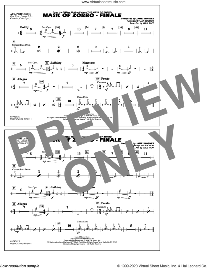 The Mask of Zorro, finale (arr. jay bocook) sheet music for marching band (aux percussion) by James Horner, Jay Bocook and Will Rapp, intermediate skill level