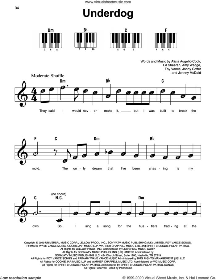 Underdog sheet music for piano solo by Alicia Keys, Alicia Augello-Cook, Amy Wadge, Ed Sheeran, Foy Vance, Johnny McDaid and Jonny Coffer, beginner skill level