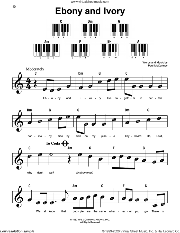 Ebony And Ivory sheet music for piano solo by Paul McCartney and Stevie Wonder and Paul McCartney, beginner skill level