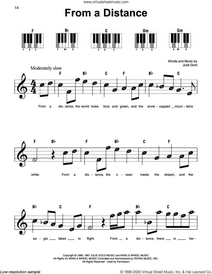 From A Distance sheet music for piano solo by Bette Midler and Julie Gold, beginner skill level