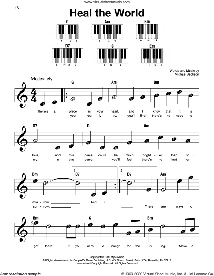 Heal The World sheet music for piano solo by Michael Jackson, beginner skill level