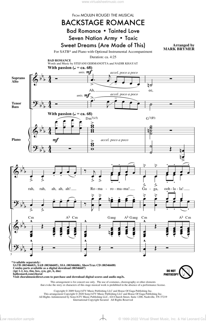 Backstage Romance (from Moulin Rouge! The Musical) sheet music for choir (SATB: soprano, alto, tenor, bass) by Mark Brymer, intermediate skill level