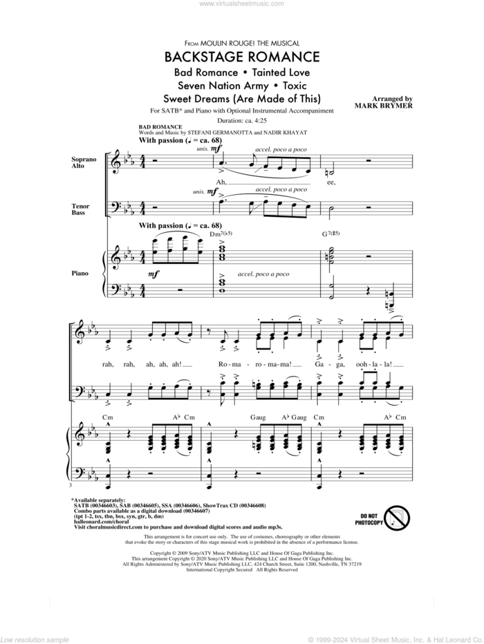 Backstage Romance (from Moulin Rouge! The Musical) sheet music for choir (SATB: soprano, alto, tenor, bass) by Mark Brymer, intermediate skill level