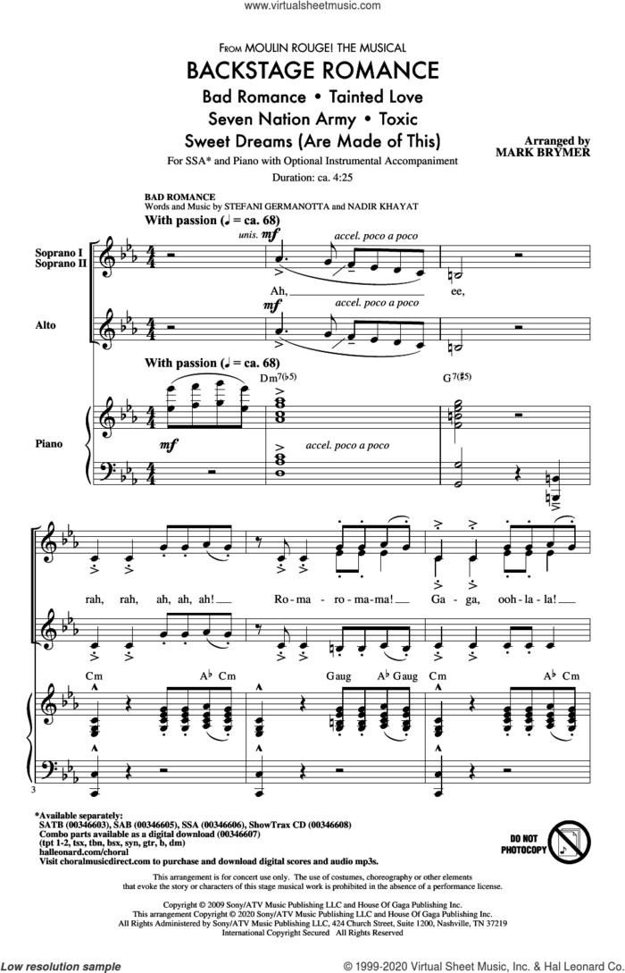 Backstage Romance (from Moulin Rouge! The Musical) sheet music for choir (SSA: soprano, alto) by Mark Brymer, intermediate skill level