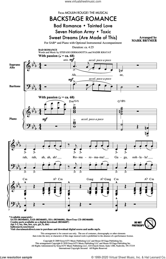 Backstage Romance (from Moulin Rouge! The Musical) sheet music for choir (SAB: soprano, alto, bass) by Mark Brymer, intermediate skill level