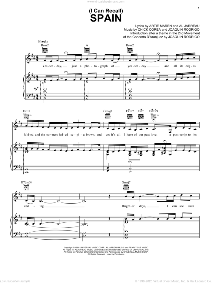 (I Can Recall) Spain sheet music for voice, piano or guitar by Al Jarreau, Artie Maren, Chick Corea and Joaquin Rodrigo, intermediate skill level