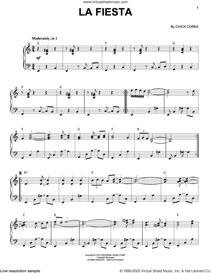 La Fiesta sheet music for piano solo by Chick Corea, intermediate skill level