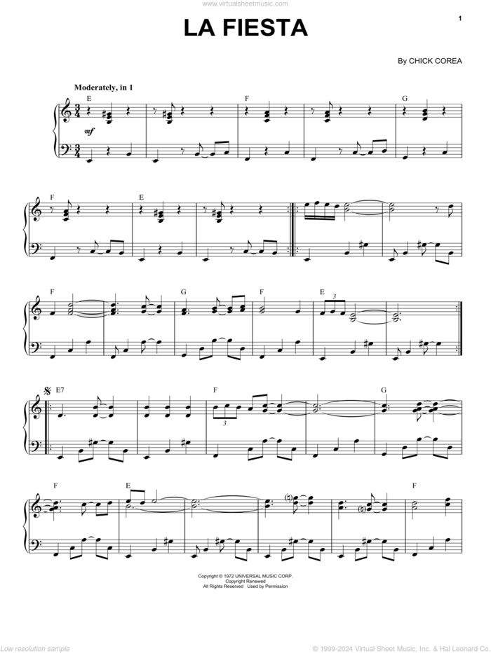 La Fiesta sheet music for piano solo by Chick Corea, intermediate skill level