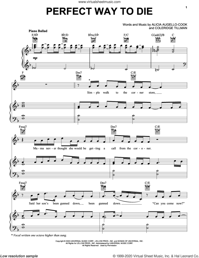 Perfect Way To Die sheet music for voice, piano or guitar by Alicia Keys, Alicia Augello-Cook and Coleridge Tillman, intermediate skill level