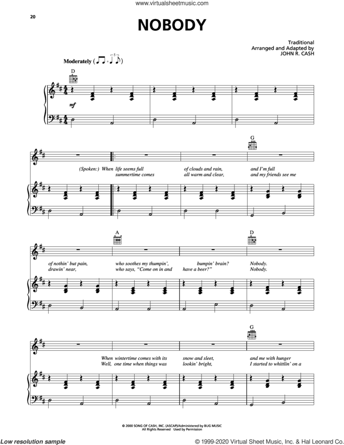Nobody sheet music for voice, piano or guitar by Johnny Cash and Miscellaneous, intermediate skill level