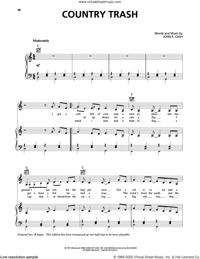 Country Trash sheet music for voice, piano or guitar by Johnny Cash, intermediate skill level