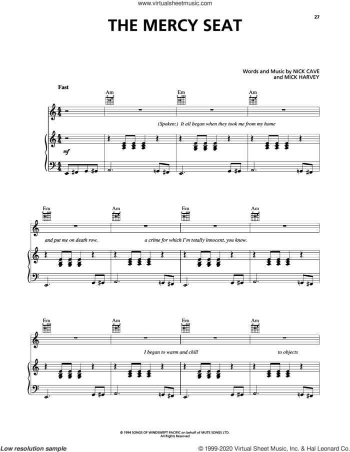 The Mercy Seat sheet music for voice, piano or guitar by Johnny Cash, Mick Harvey and Nick Cave, intermediate skill level