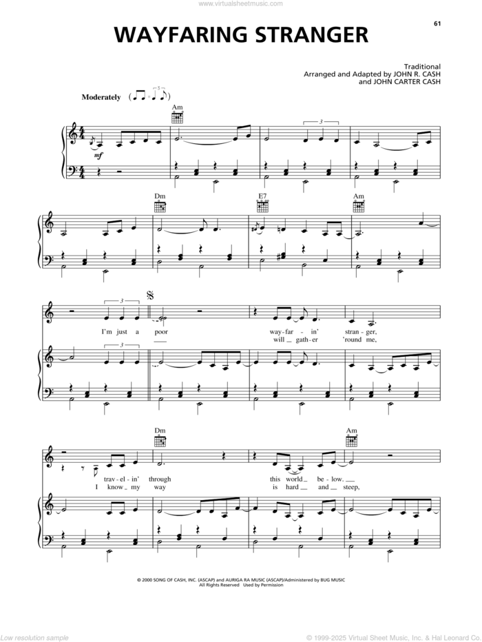 Wayfaring Stranger sheet music for voice, piano or guitar by Johnny Cash and Miscellaneous, intermediate skill level