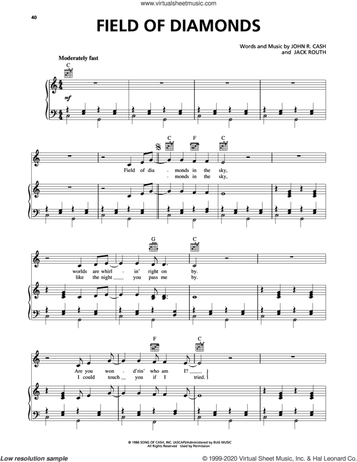 Field Of Diamonds sheet music for voice, piano or guitar by Johnny Cash and Jack Routh, intermediate skill level