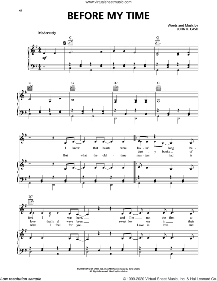 Before My Time sheet music for voice, piano or guitar by Johnny Cash, intermediate skill level
