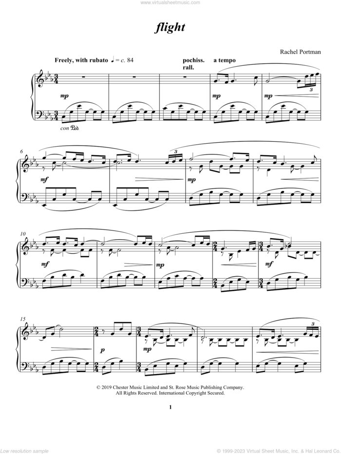 flight sheet music for piano solo by Rachel Portman, classical score, intermediate skill level
