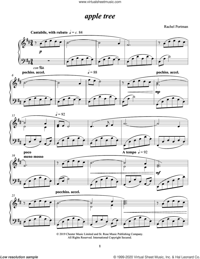 apple tree sheet music for piano solo by Rachel Portman, classical score, intermediate skill level