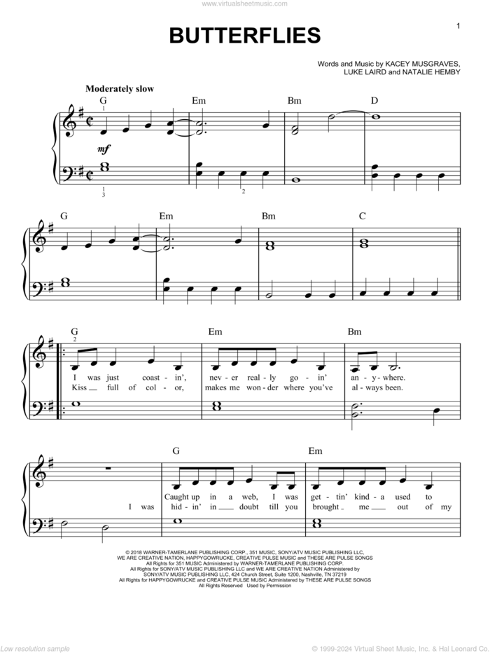 Butterflies sheet music for piano solo by Kacey Musgraves, Luke Laird and Natalie Hemby, easy skill level