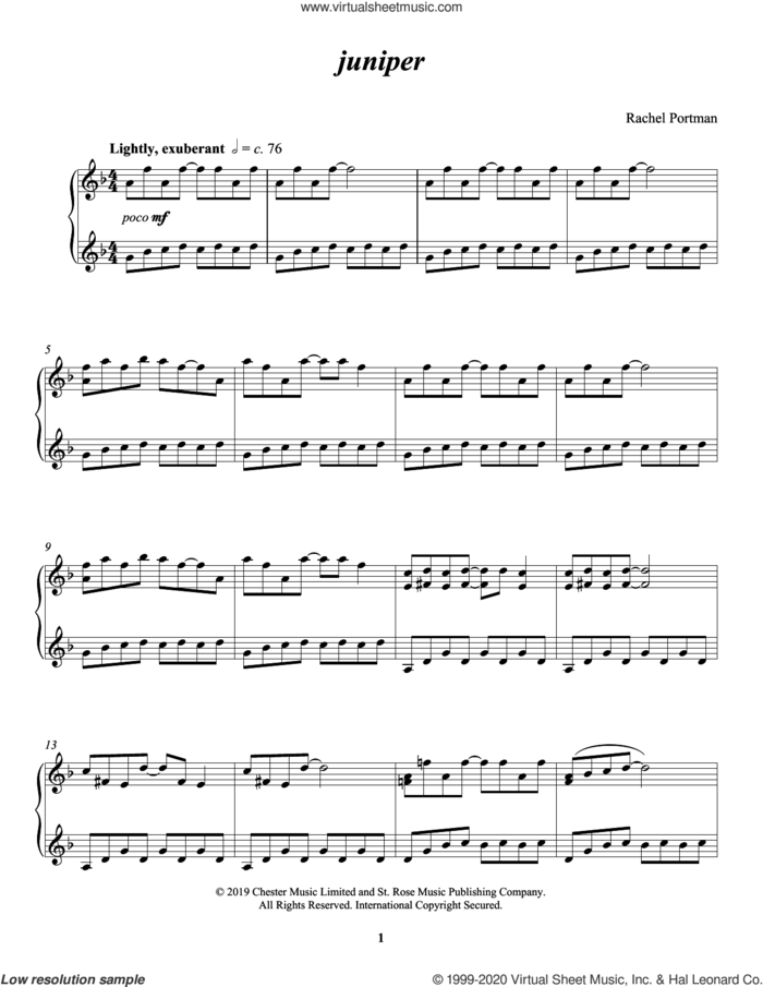 juniper sheet music for piano solo by Rachel Portman, classical score, intermediate skill level