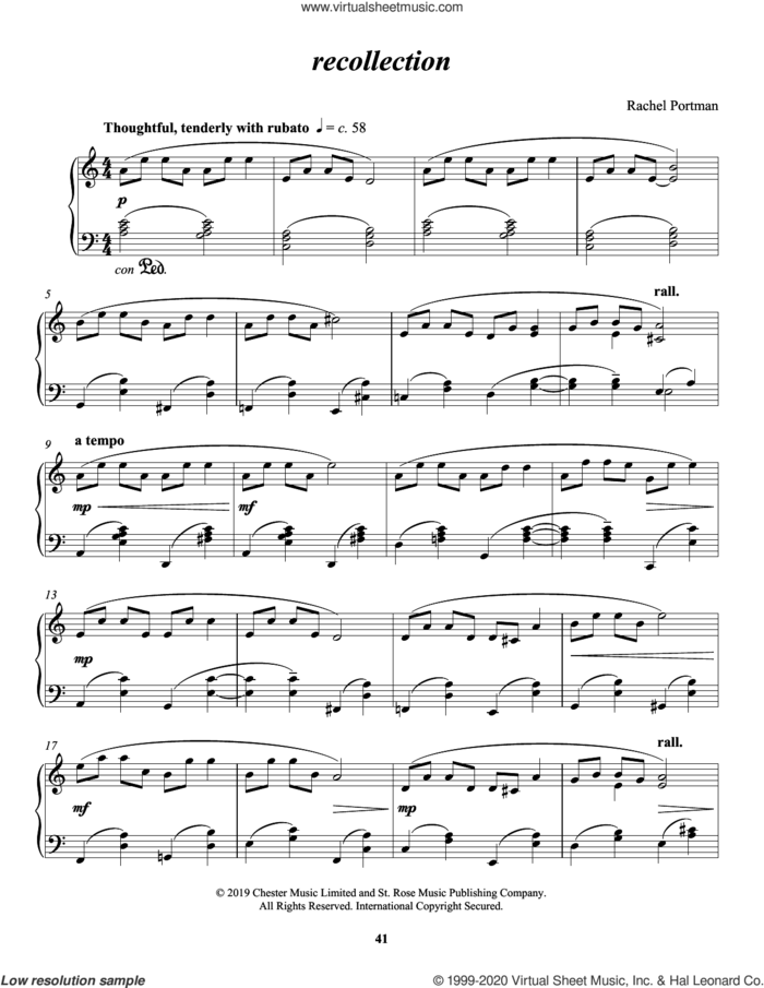 recollection sheet music for piano solo by Rachel Portman, classical score, intermediate skill level