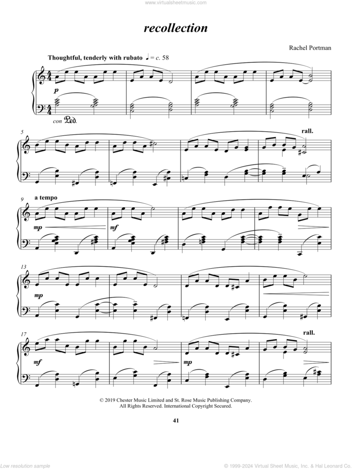 recollection sheet music for piano solo by Rachel Portman, classical score, intermediate skill level